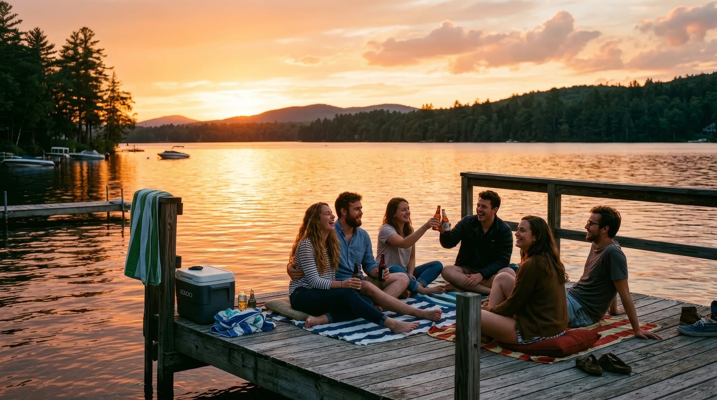 Friends raising a toast on a jetty at sunset