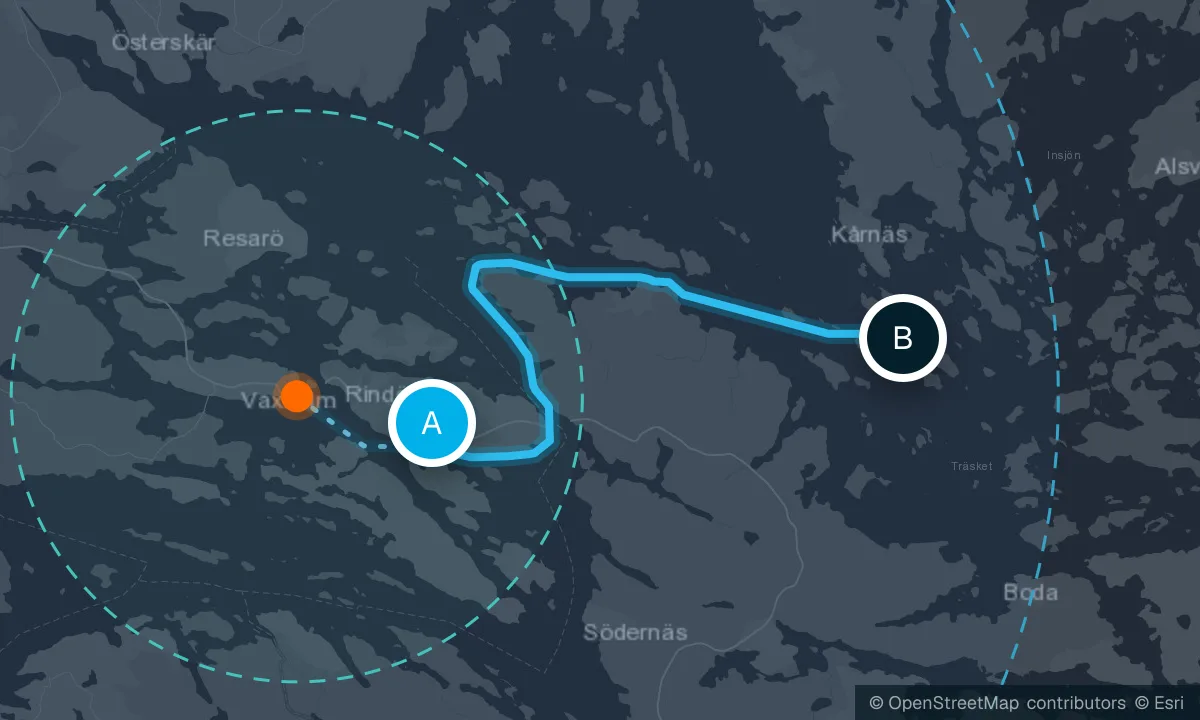 Karta med en resa från Rindö hamn till Grinda